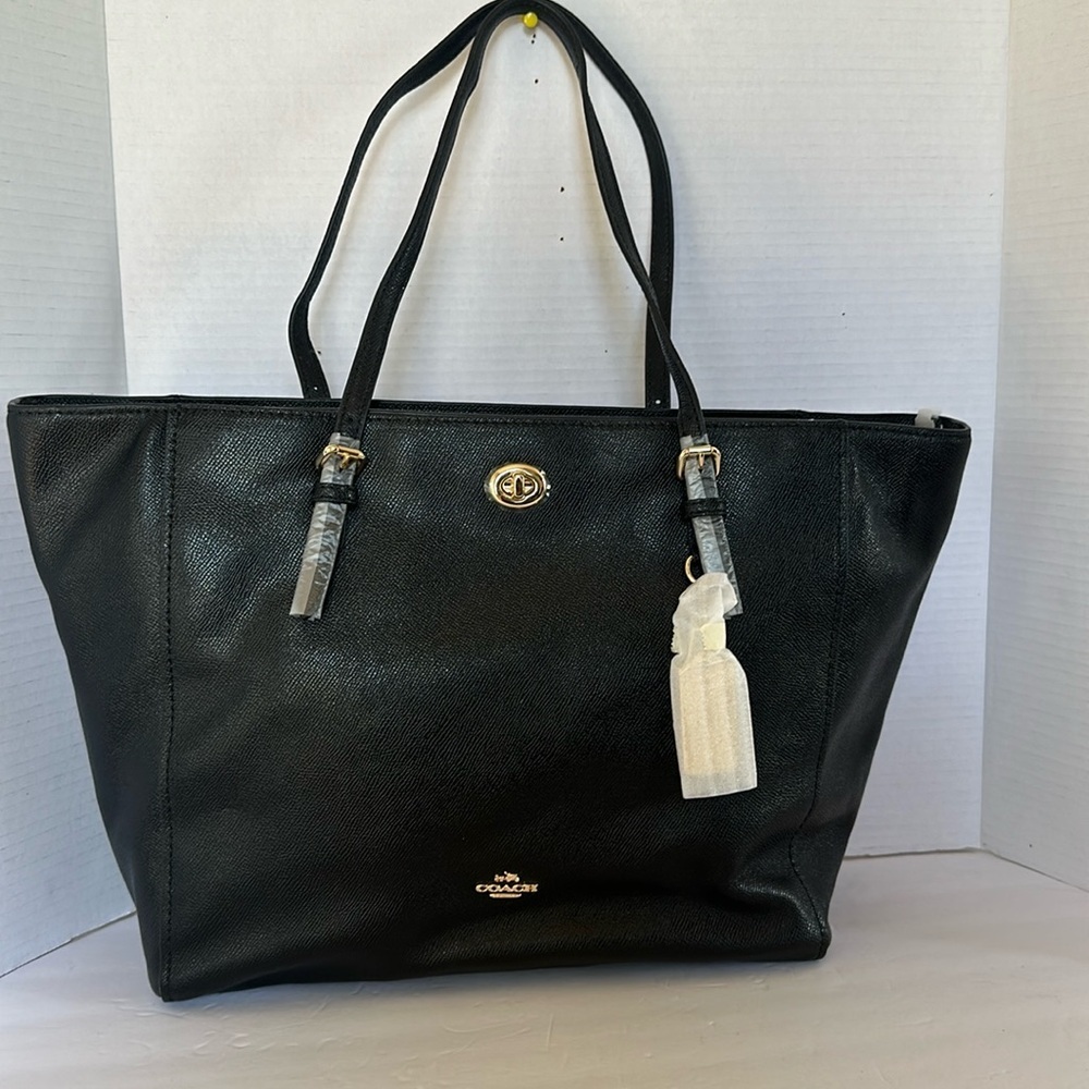 NWT Coach Turnlock Tote Black Crossgrain Leather Large Shoulder Bag Purse - Picture 3 of 12
